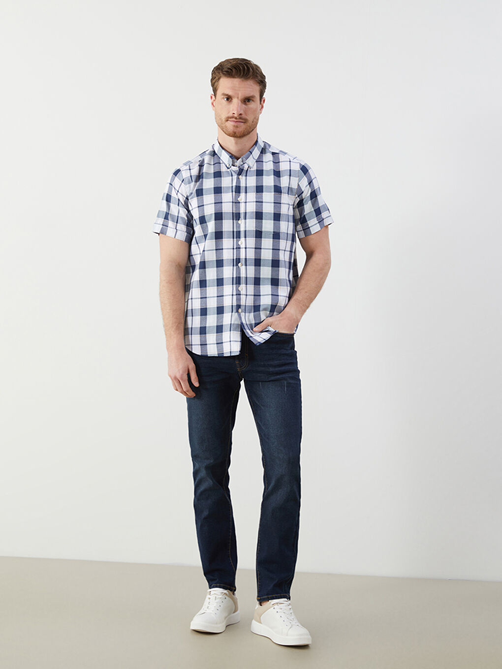 Lacivert Regular Fit Kısa Kollu Ekose Erkek Gömlek-1