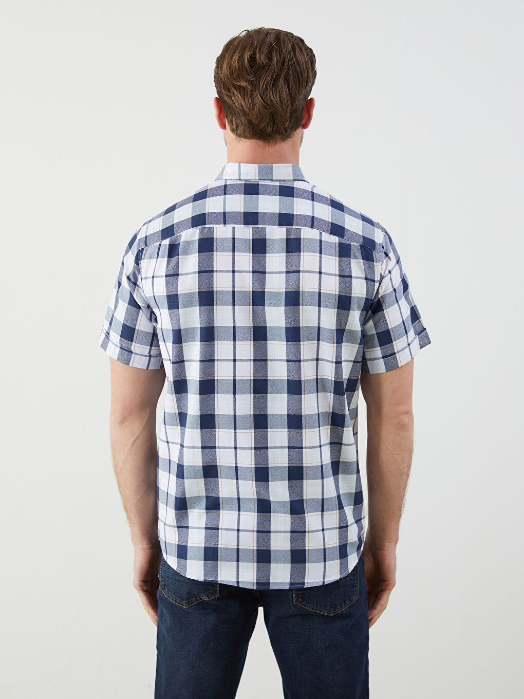 Lacivert Regular Fit Kısa Kollu Ekose Erkek Gömlek-3