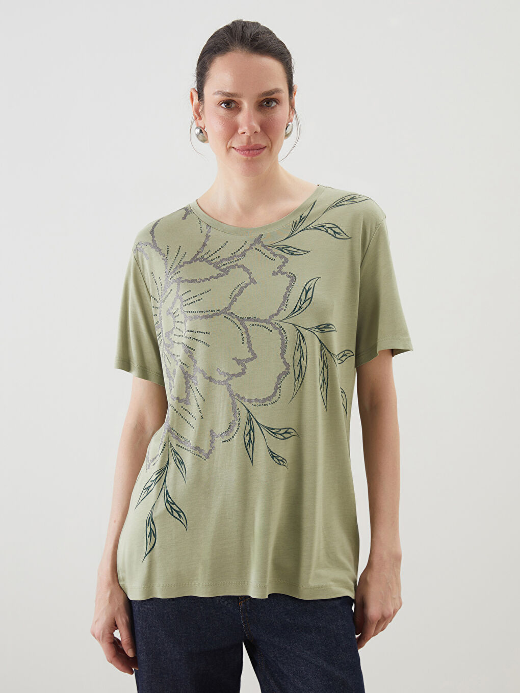 Crew Neck Floral Women's T-Shirt -S5KS56Z8-GHY