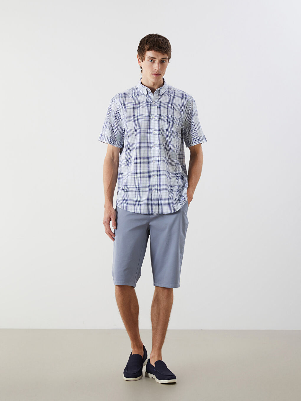 Yeşil Regular Fit Kısa Kollu Ekose Poplin Erkek Gömlek-1