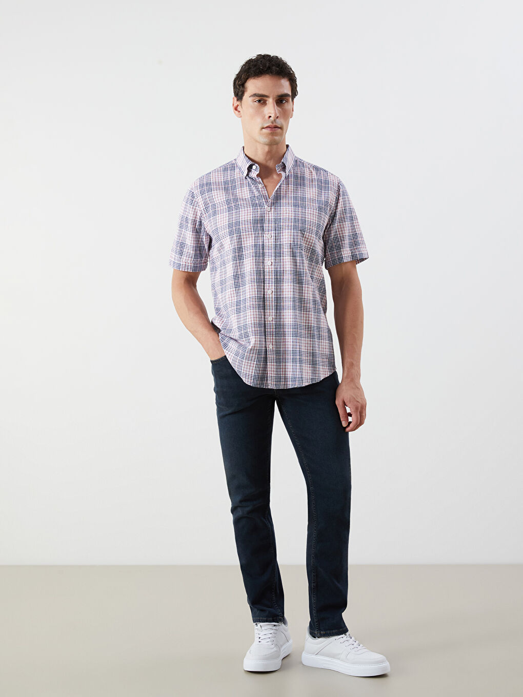 Kırmızı Regular Fit Kısa Kollu Ekose Poplin Erkek Gömlek-2