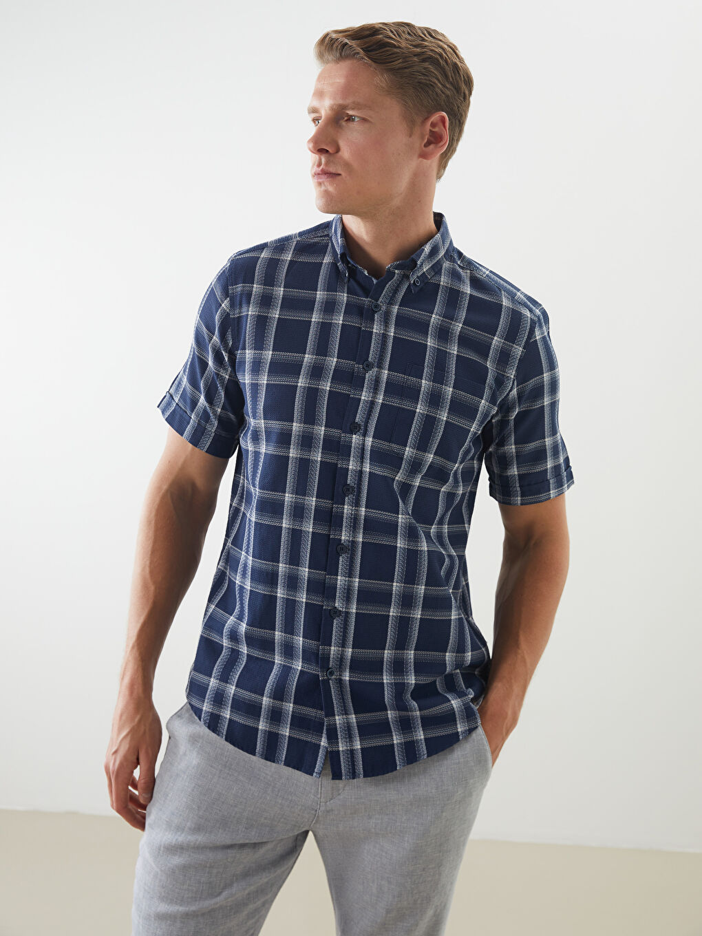 Lacivert Regular Fit Kısa Kollu Ekose Erkek Gömlek