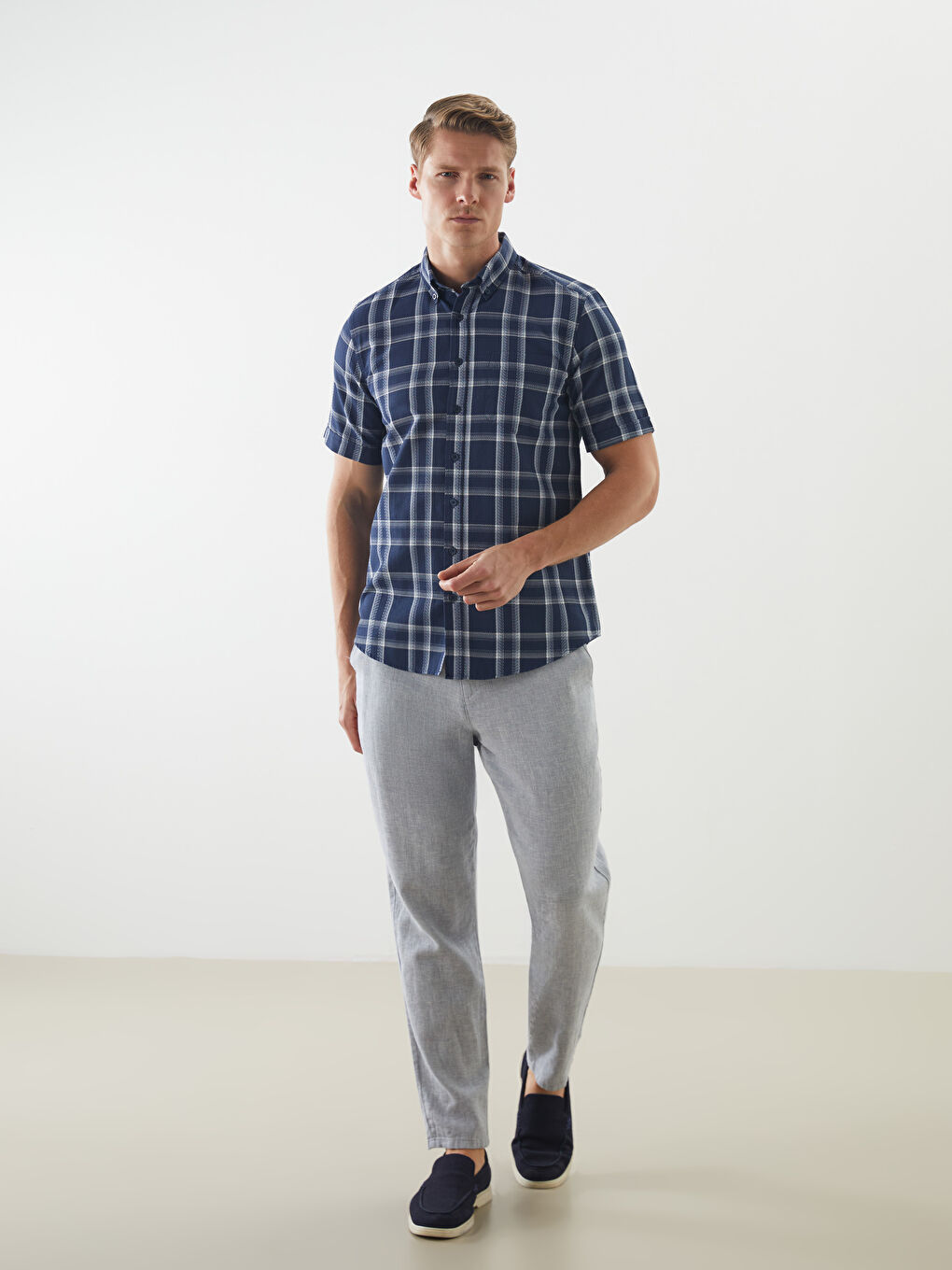 Lacivert Regular Fit Kısa Kollu Ekose Erkek Gömlek-1