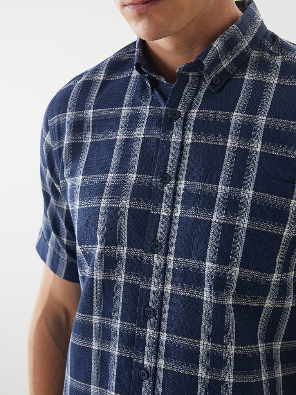 Lacivert Regular Fit Kısa Kollu Ekose Erkek Gömlek-2