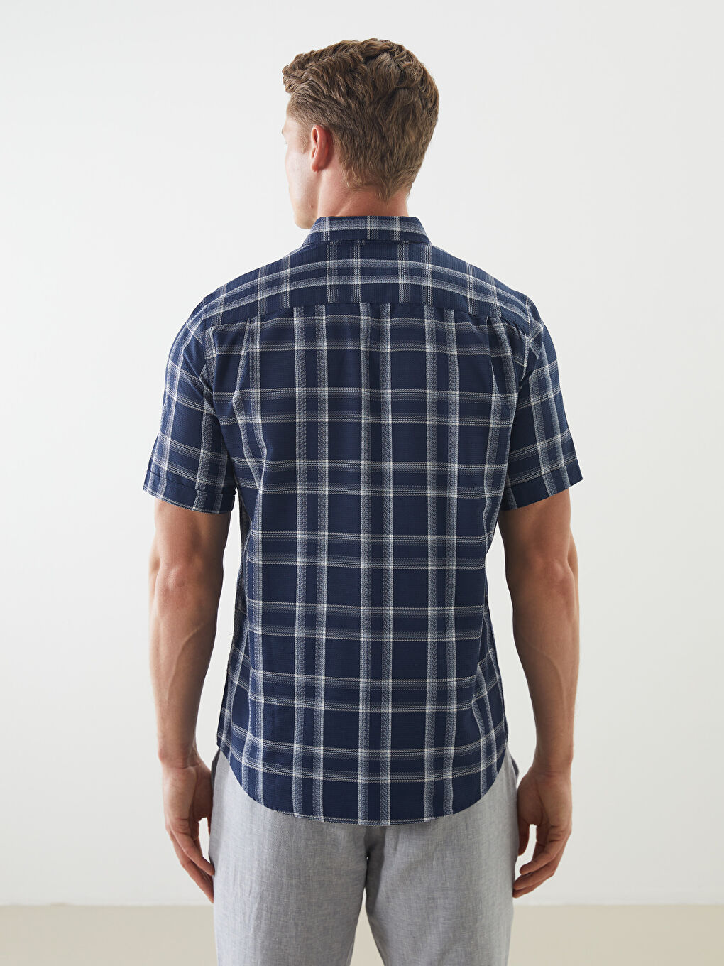 Lacivert Regular Fit Kısa Kollu Ekose Erkek Gömlek-3