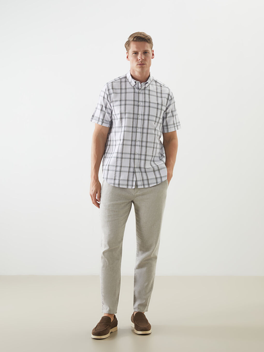 Beyaz Regular Fit Kısa Kollu Ekose Erkek Gömlek-1