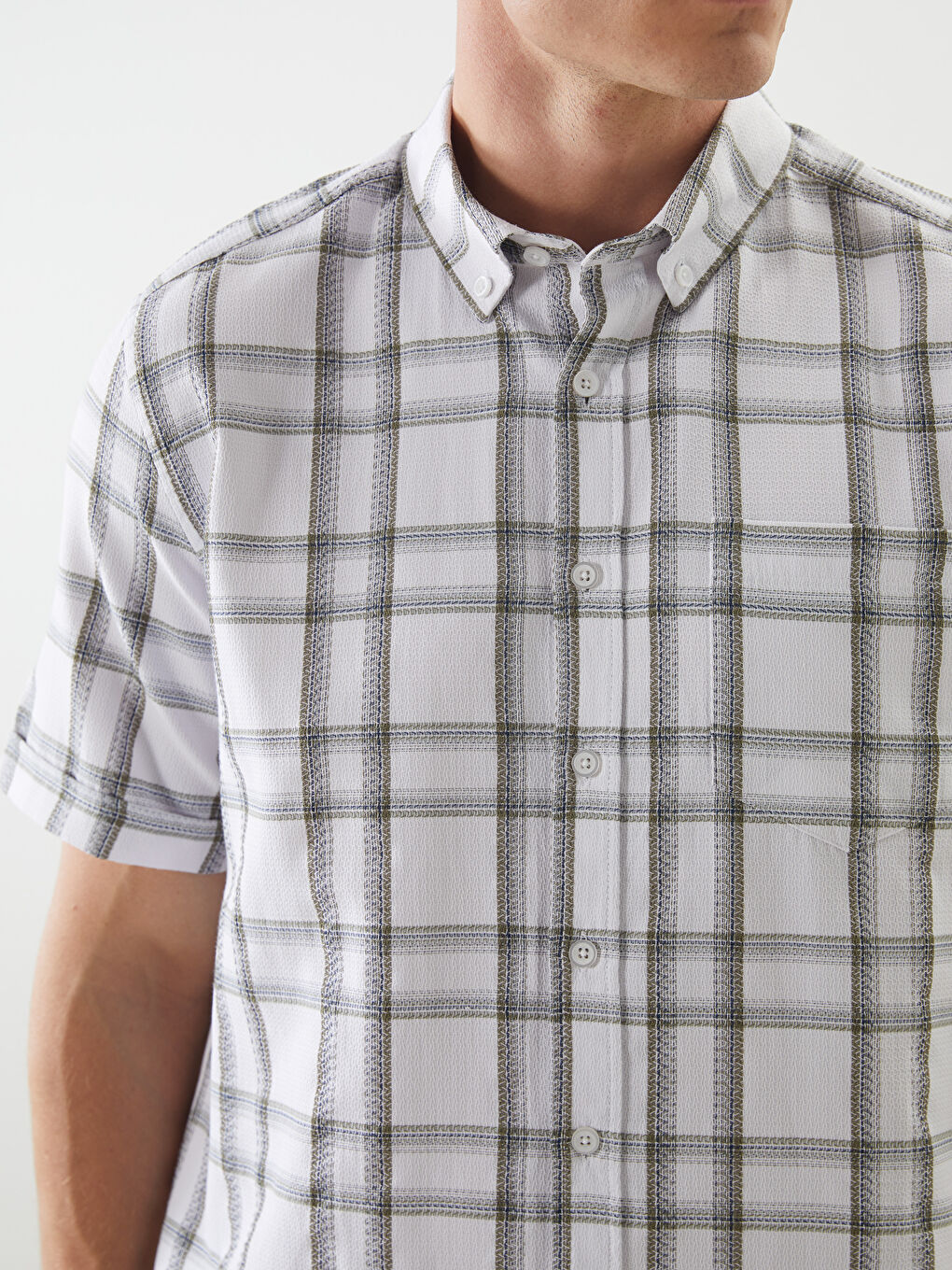 Beyaz Regular Fit Kısa Kollu Ekose Erkek Gömlek-2