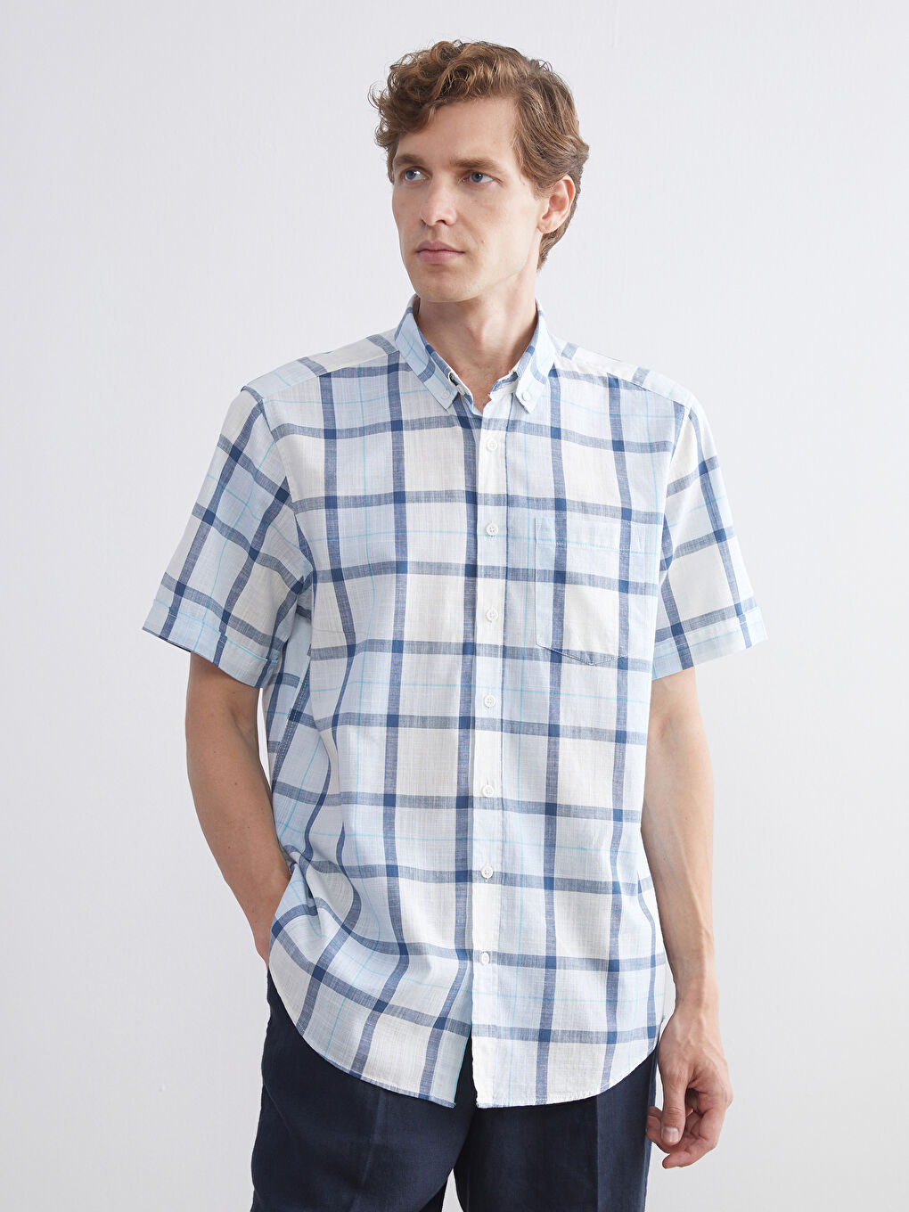 Sarı Regular Fit Kısa Kollu Ekose Poplin Erkek Gömlek