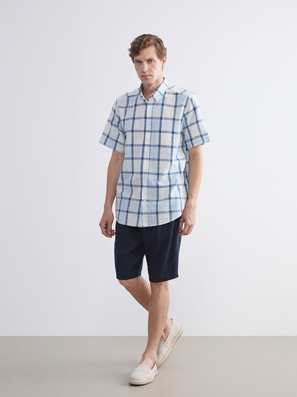 Sarı Regular Fit Kısa Kollu Ekose Poplin Erkek Gömlek-1