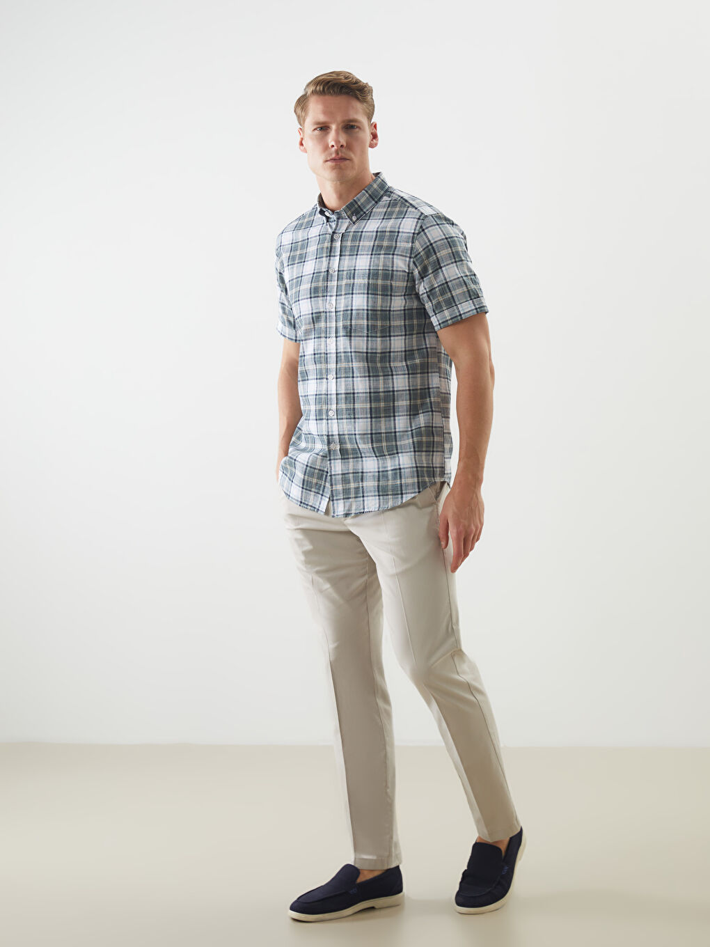 Yeşil Regular Fit Kısa Kollu Ekose Erkek Gömlek-1