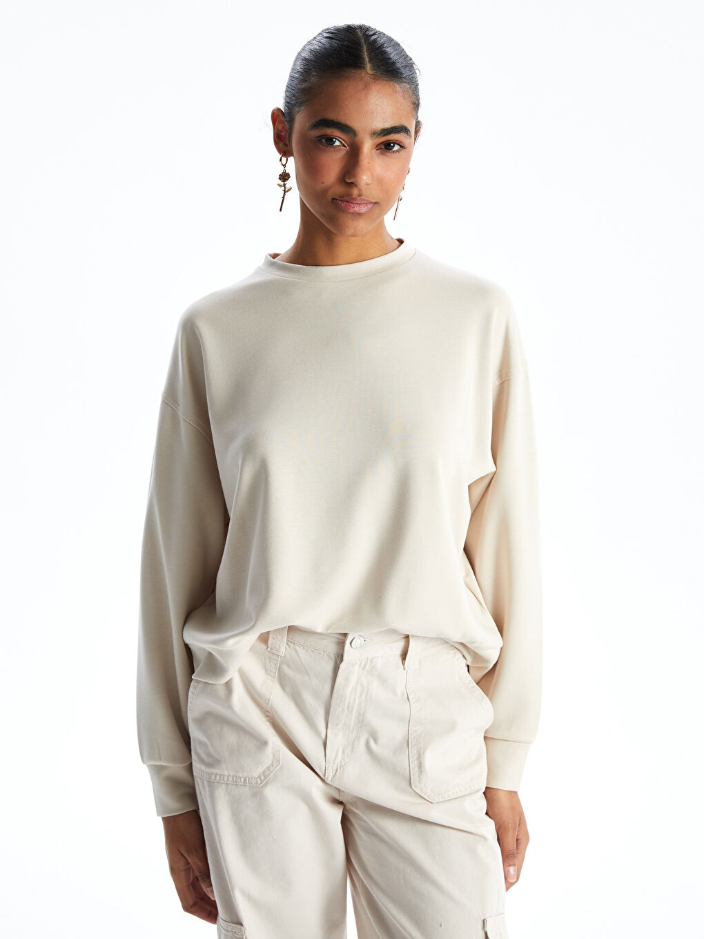 Bej Bisiklet Yaka Oversize Kadın Sweatshirt