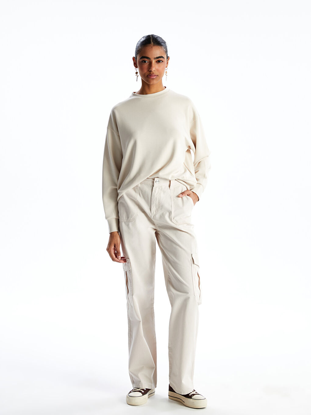 Bej Bisiklet Yaka Oversize Kadın Sweatshirt-1