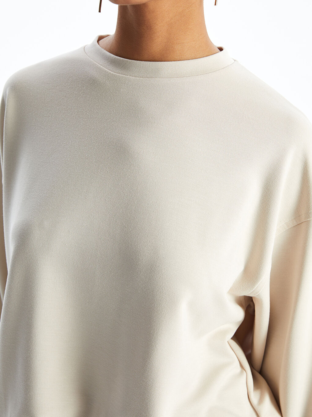 Bej Bisiklet Yaka Oversize Kadın Sweatshirt-2