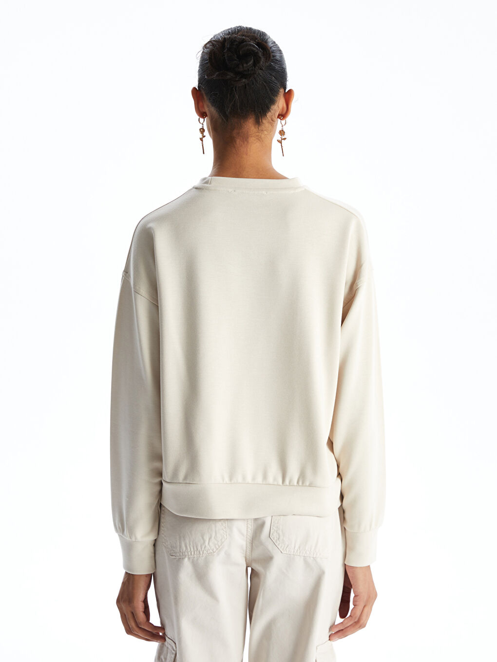 Bej Bisiklet Yaka Oversize Kadın Sweatshirt-3