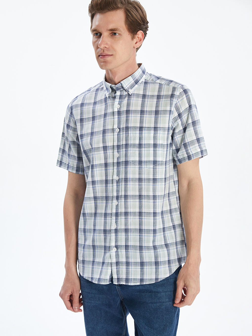 Yeşil Regular Fit Kısa Kollu Ekose Erkek Gömlek