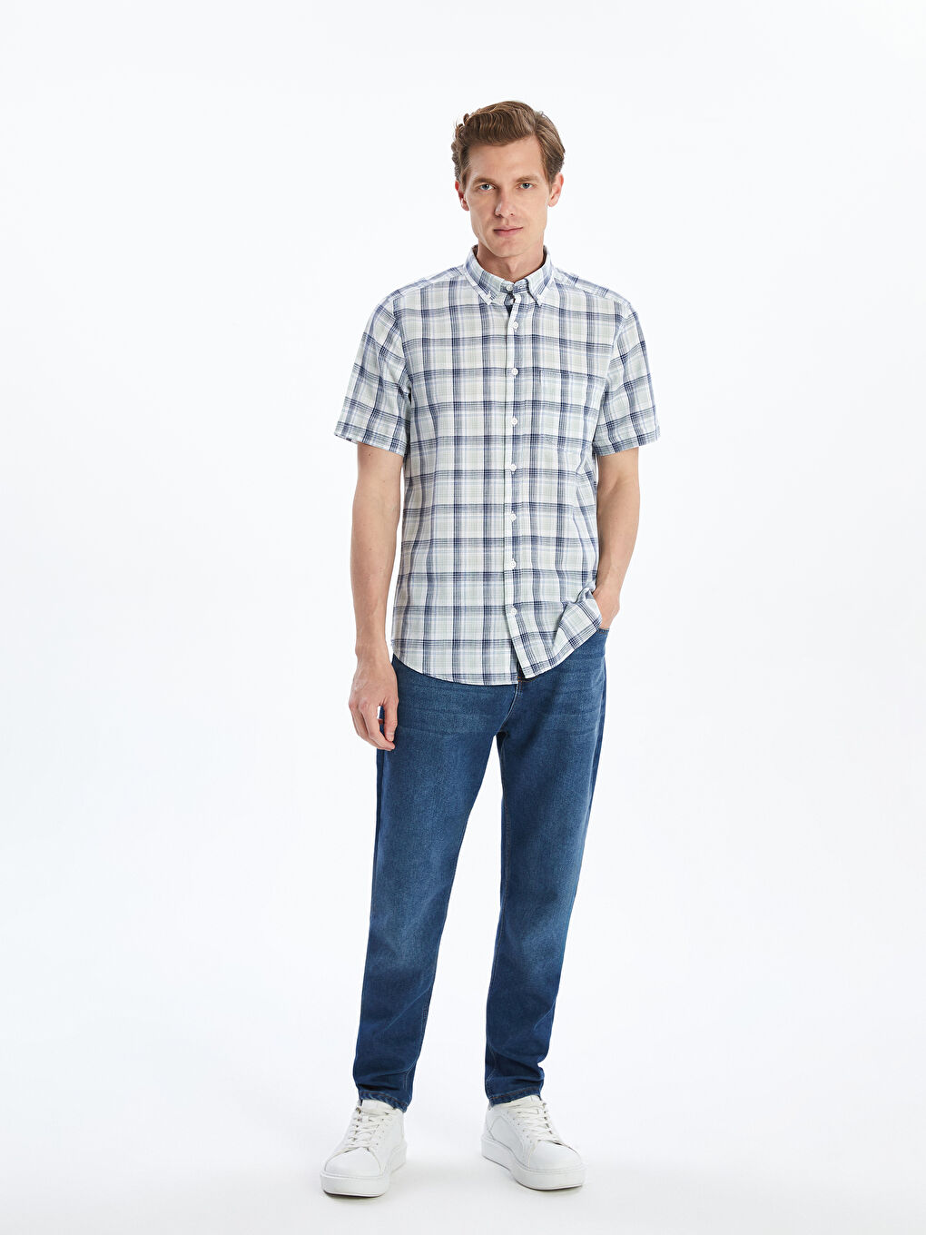 Yeşil Regular Fit Kısa Kollu Ekose Erkek Gömlek-1