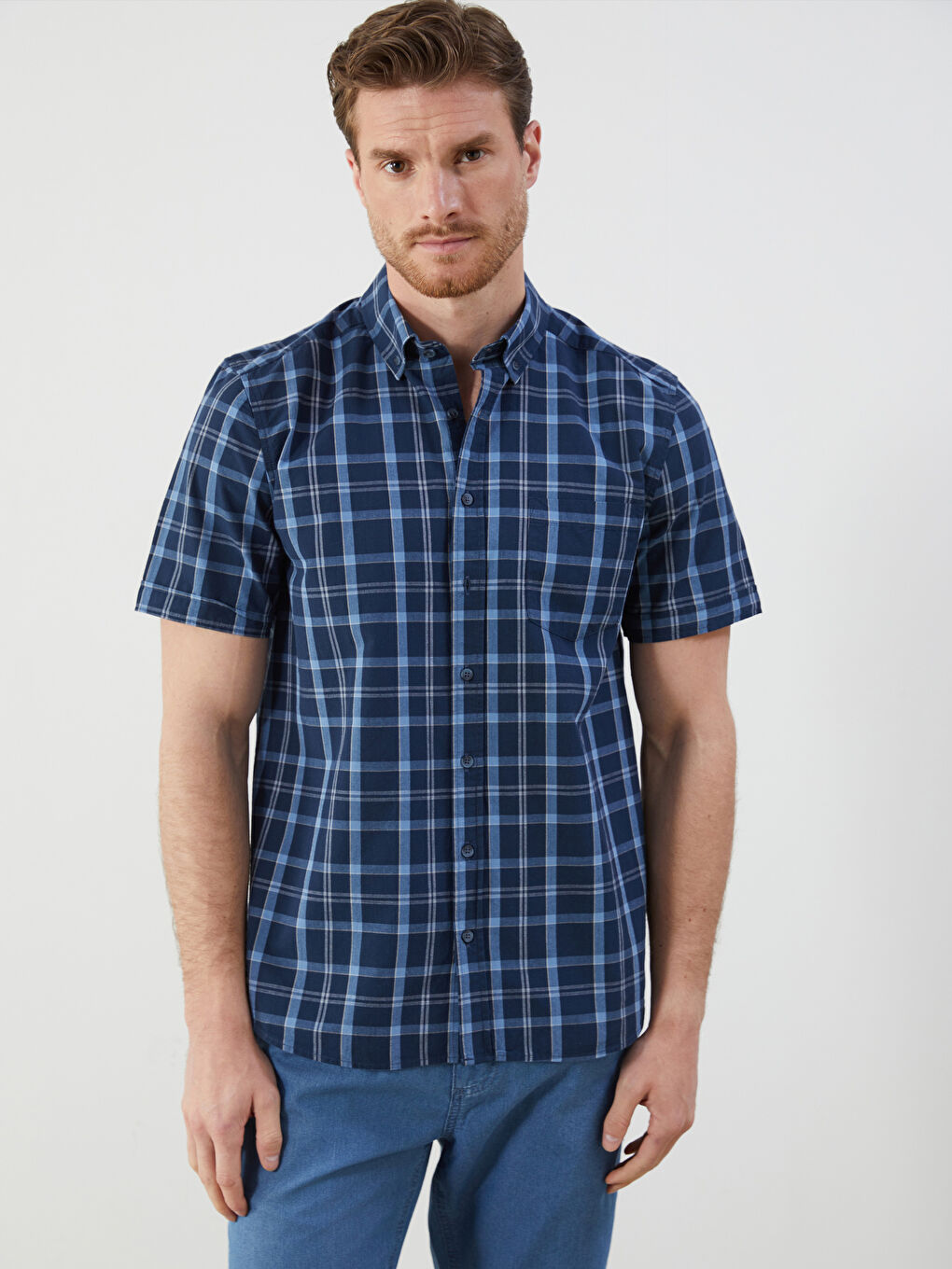 Lacivert Regular Fit Kısa Kollu Ekose Poplin Erkek Gömlek