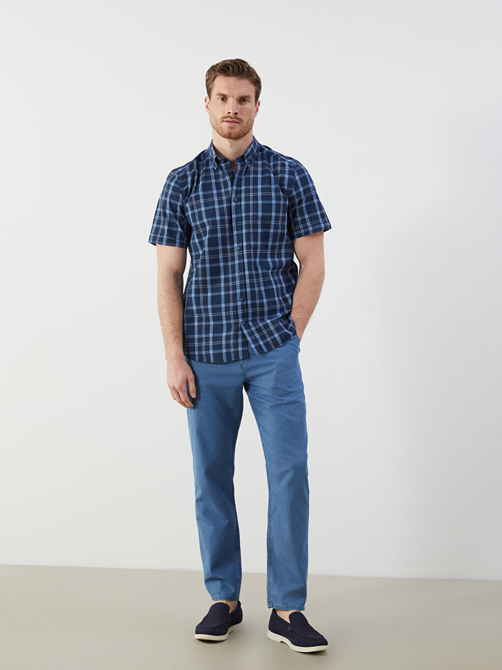 Lacivert Regular Fit Kısa Kollu Ekose Poplin Erkek Gömlek-1