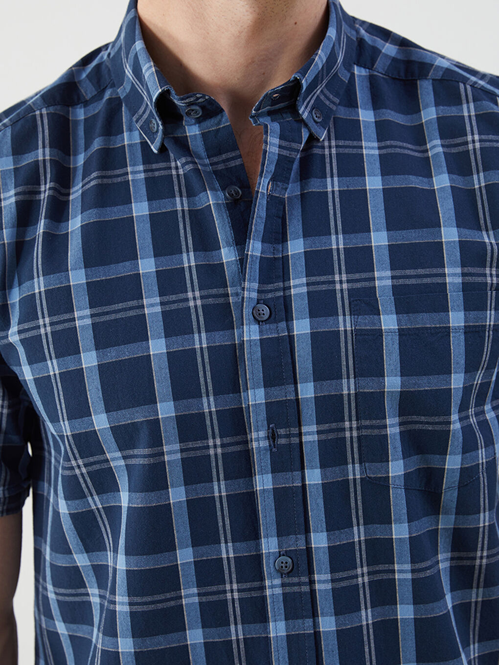 Lacivert Regular Fit Kısa Kollu Ekose Poplin Erkek Gömlek-2