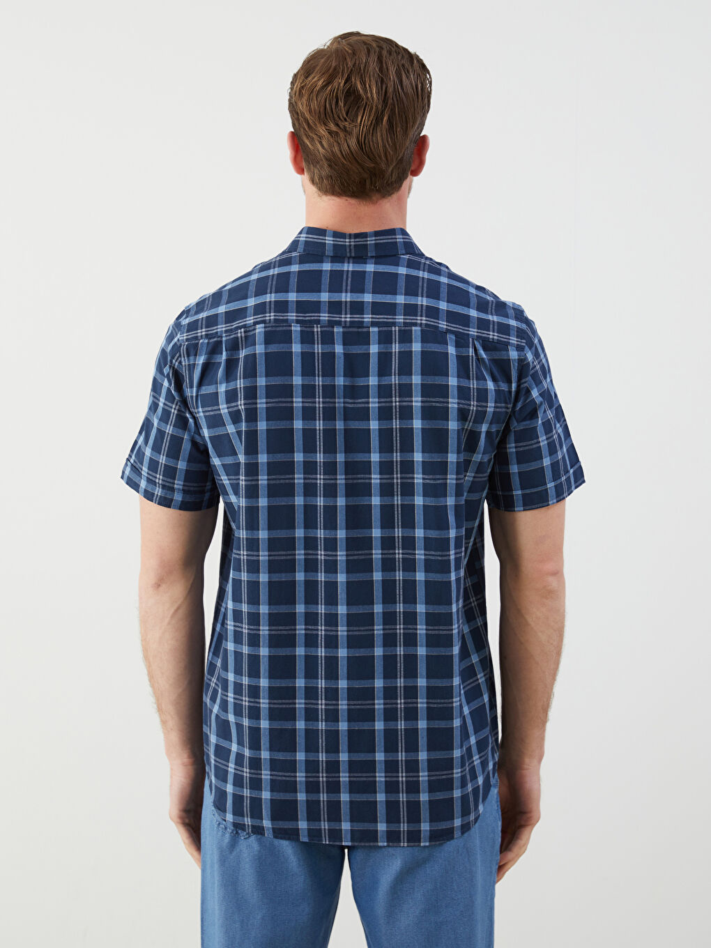 Lacivert Regular Fit Kısa Kollu Ekose Poplin Erkek Gömlek-3