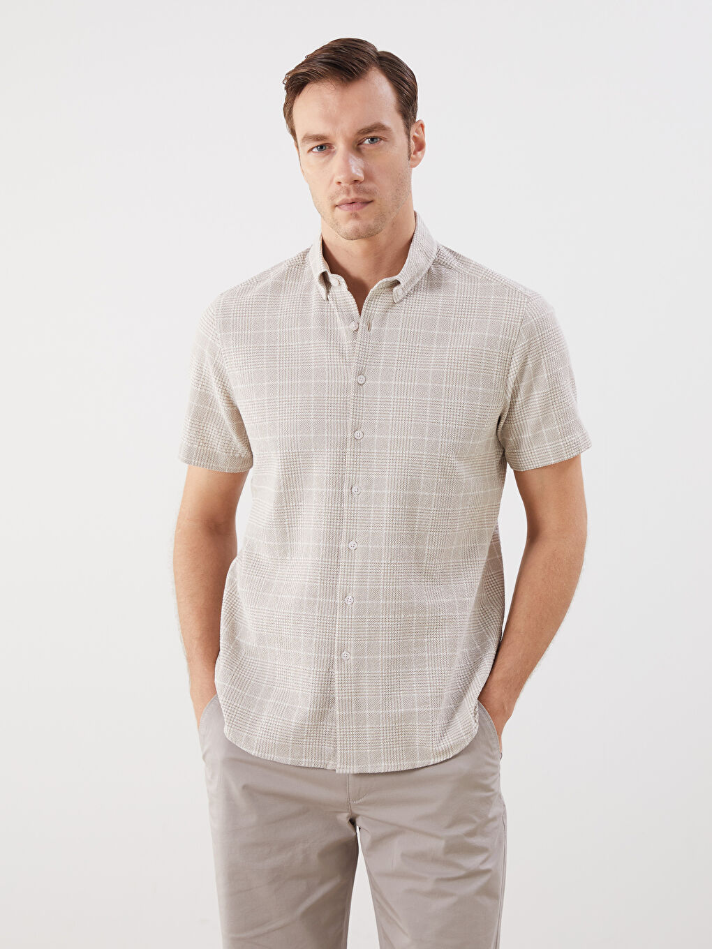 Bej Regular Fit Kısa Kollu Ekose Poplin Erkek Gömlek