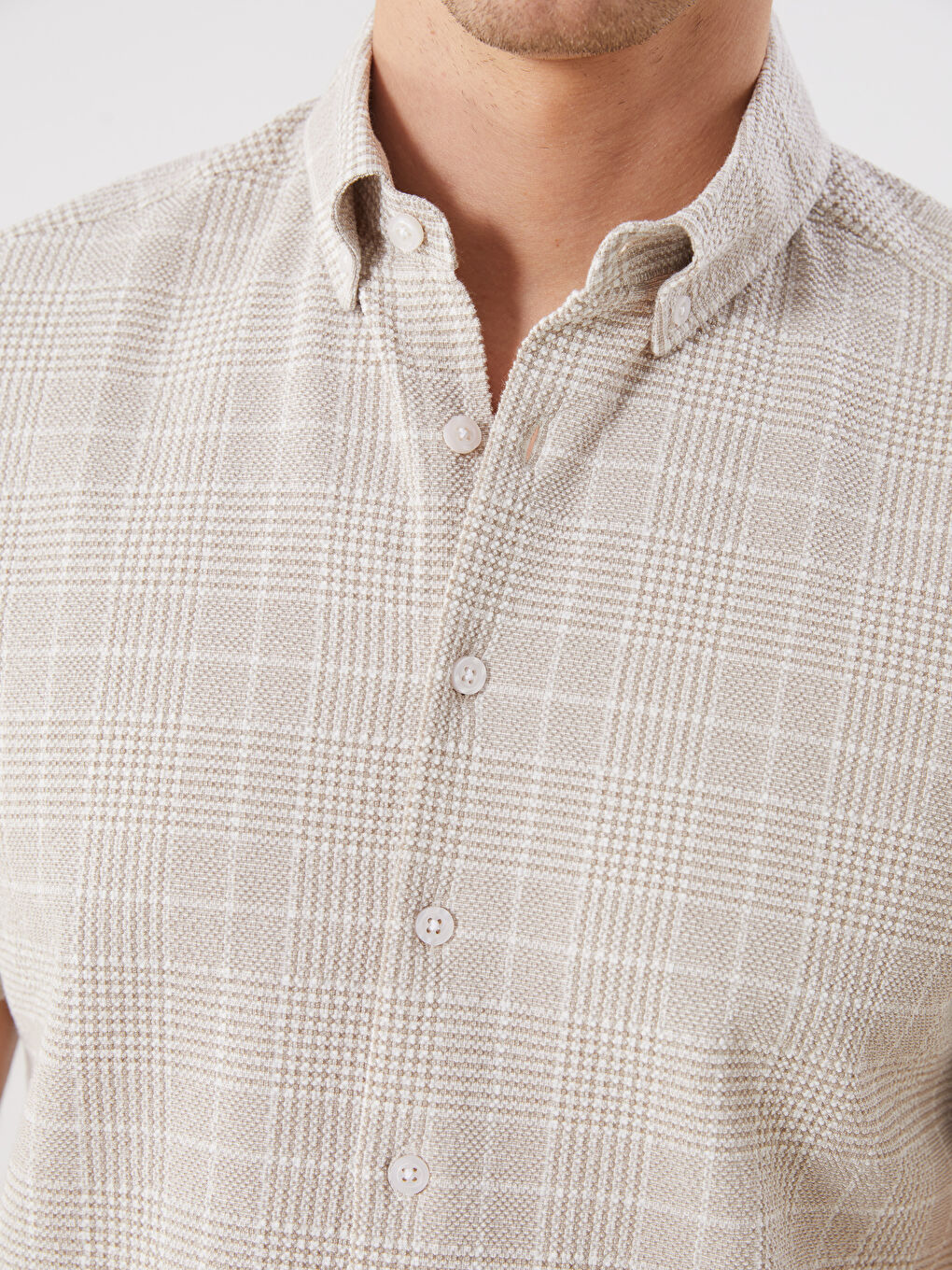 Bej Regular Fit Kısa Kollu Ekose Poplin Erkek Gömlek-2