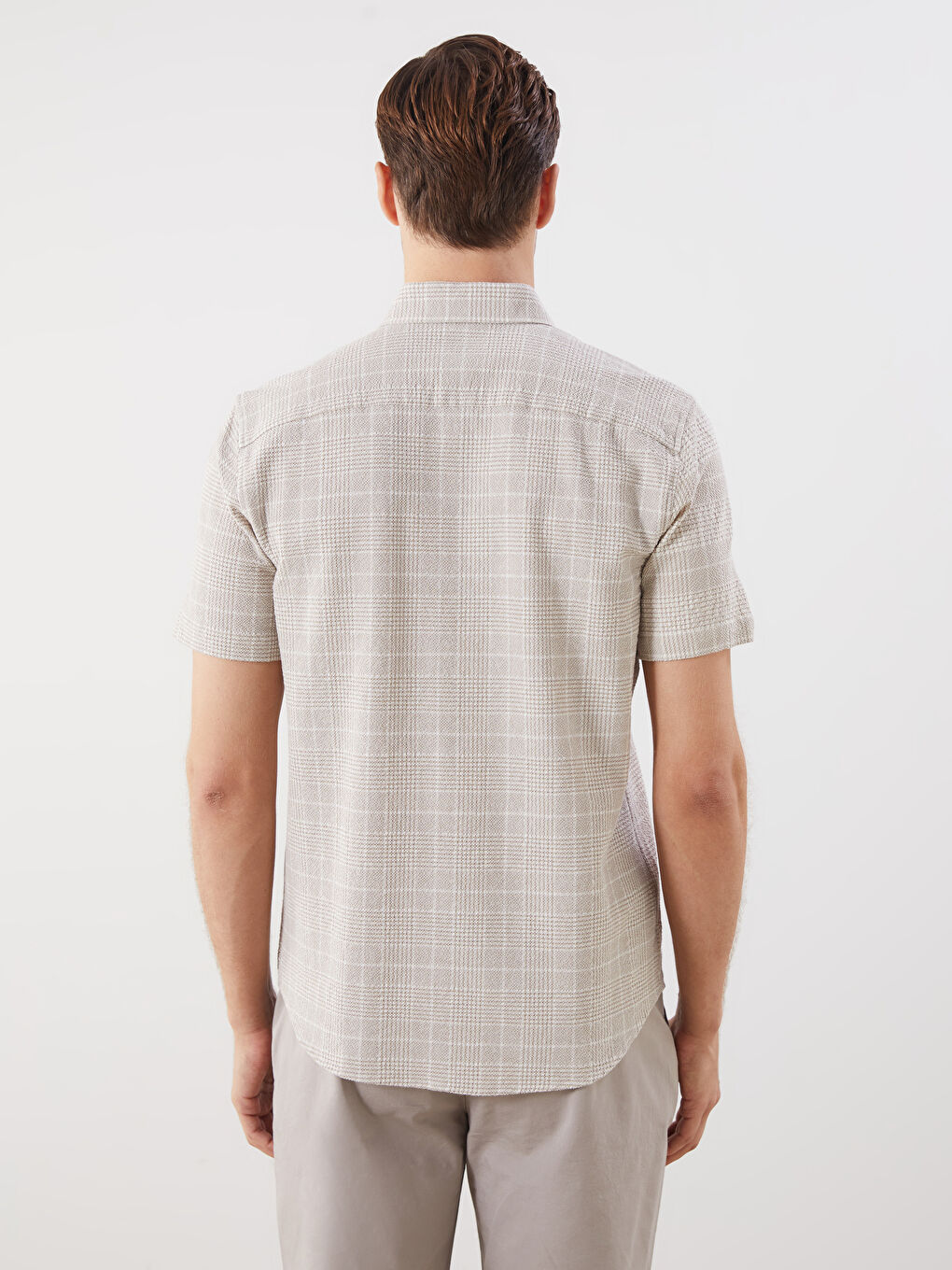 Bej Regular Fit Kısa Kollu Ekose Poplin Erkek Gömlek-3