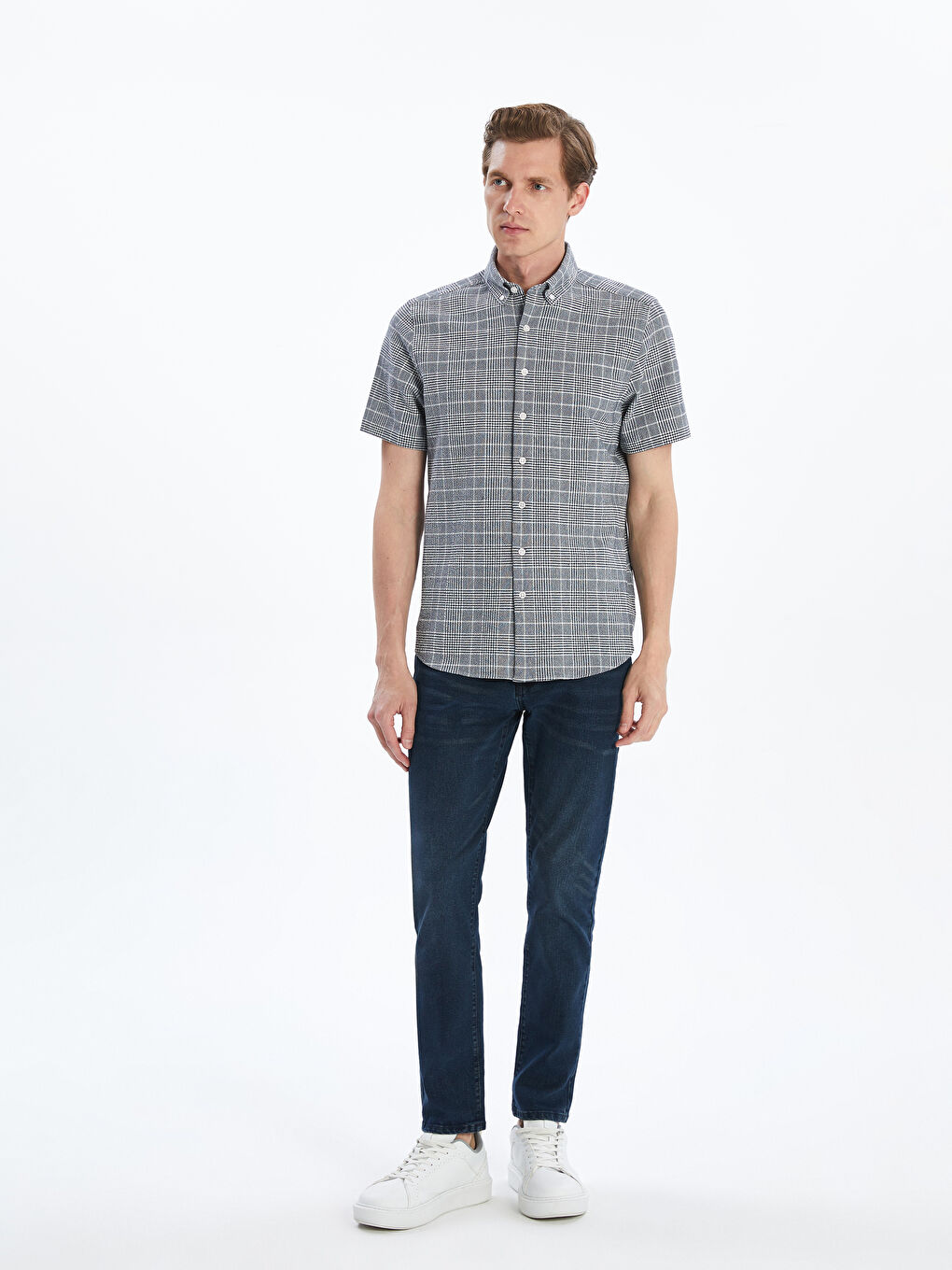 Lacivert Regular Fit Kısa Kollu Ekose Poplin Erkek Gömlek-1