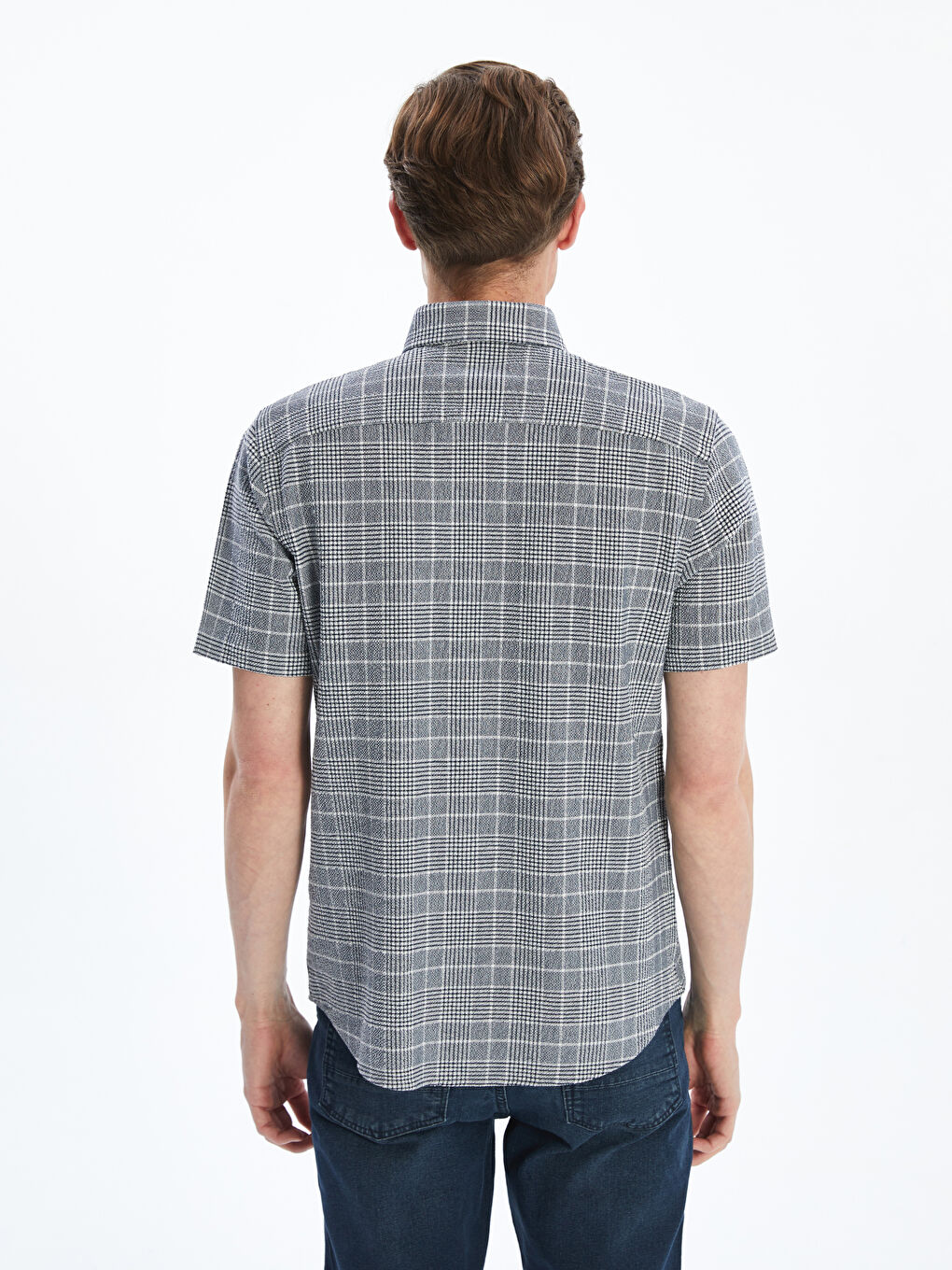 Lacivert Regular Fit Kısa Kollu Ekose Poplin Erkek Gömlek-3