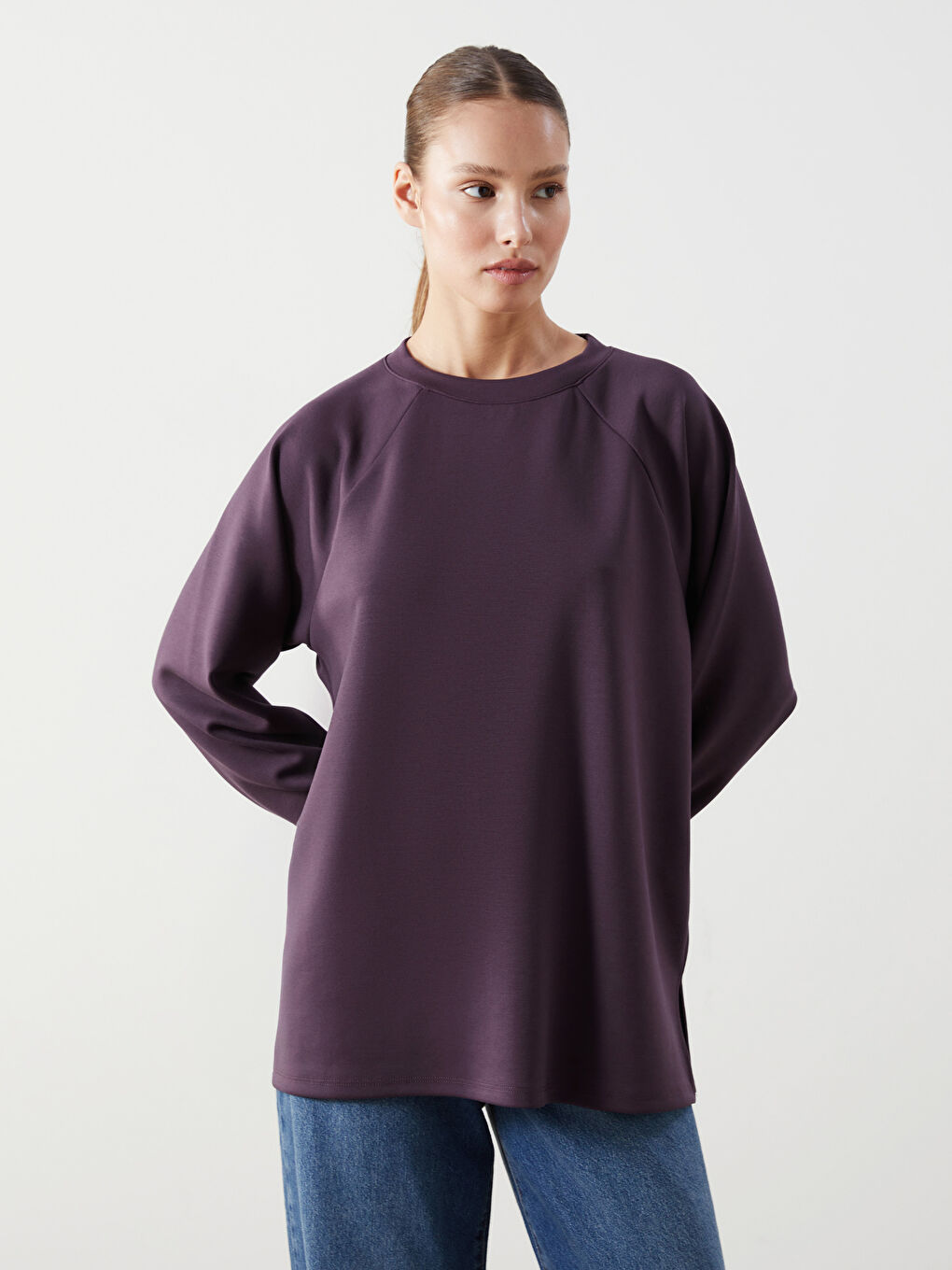 Mürdüm Bisiklet Yaka Oversize Kadın Sweatshirt-2