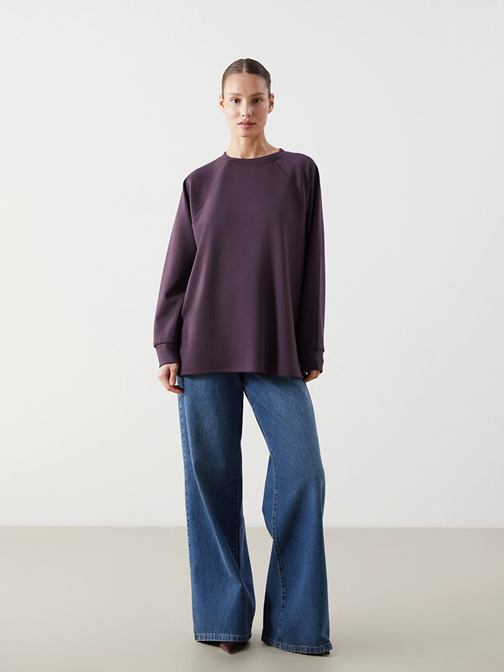 Mürdüm Bisiklet Yaka Oversize Kadın Sweatshirt-4