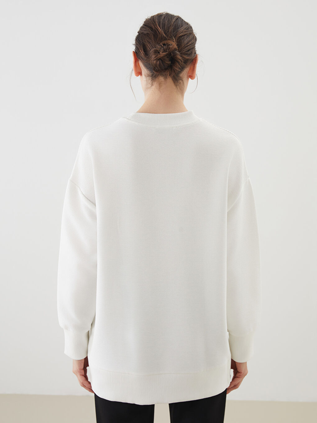 Ekru Bisiklet Yaka Oversize Kadın Sweatshirt Tunik-4