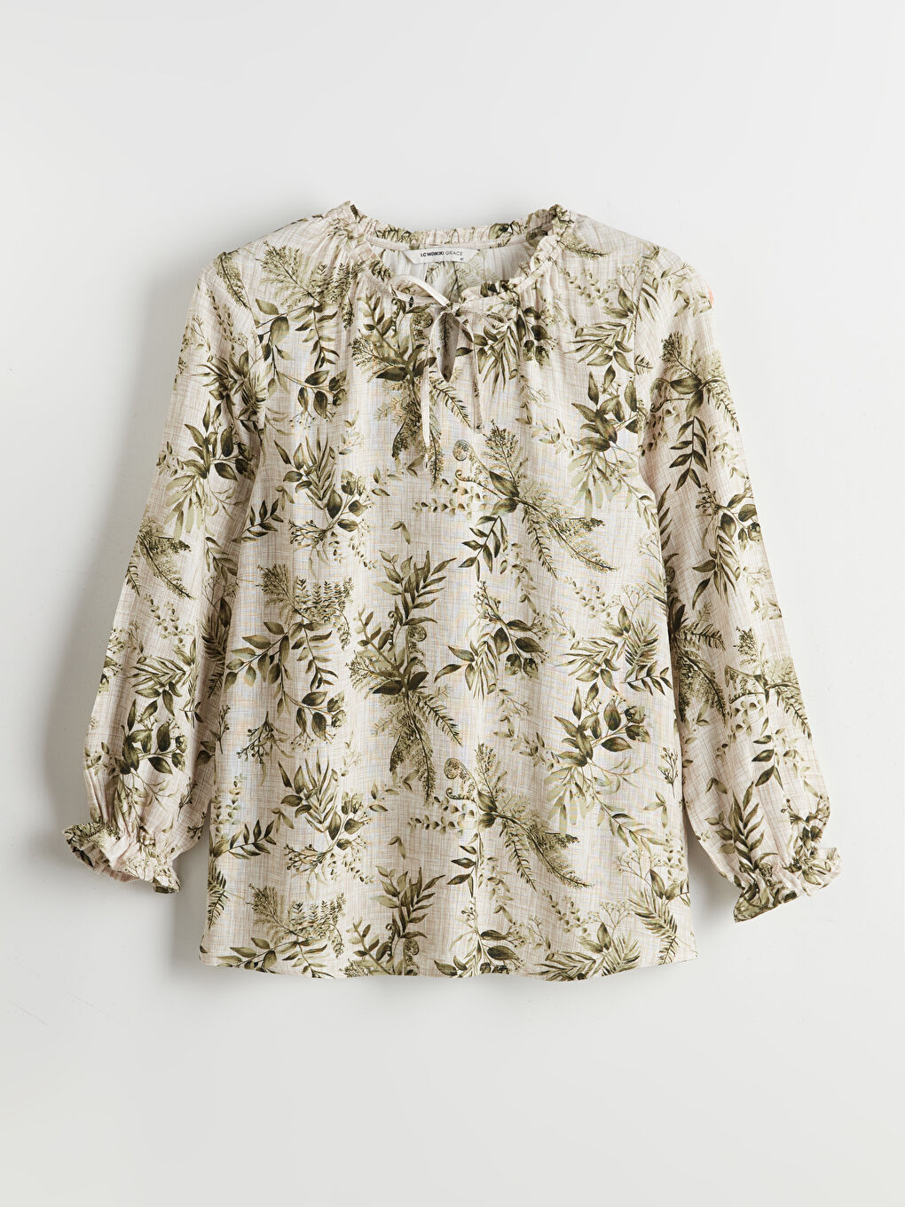 Ekru Bağlamalı Yaka Çiçekli Kadın Bluz-4
