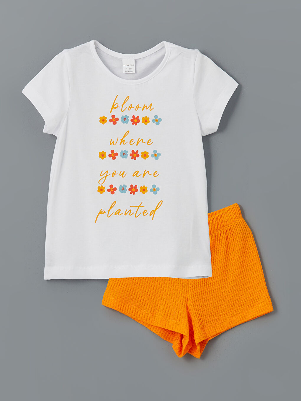 Turuncu Bisiklet Yaka Baskılı Kız Çocuk Tişört ve Şort 2'li