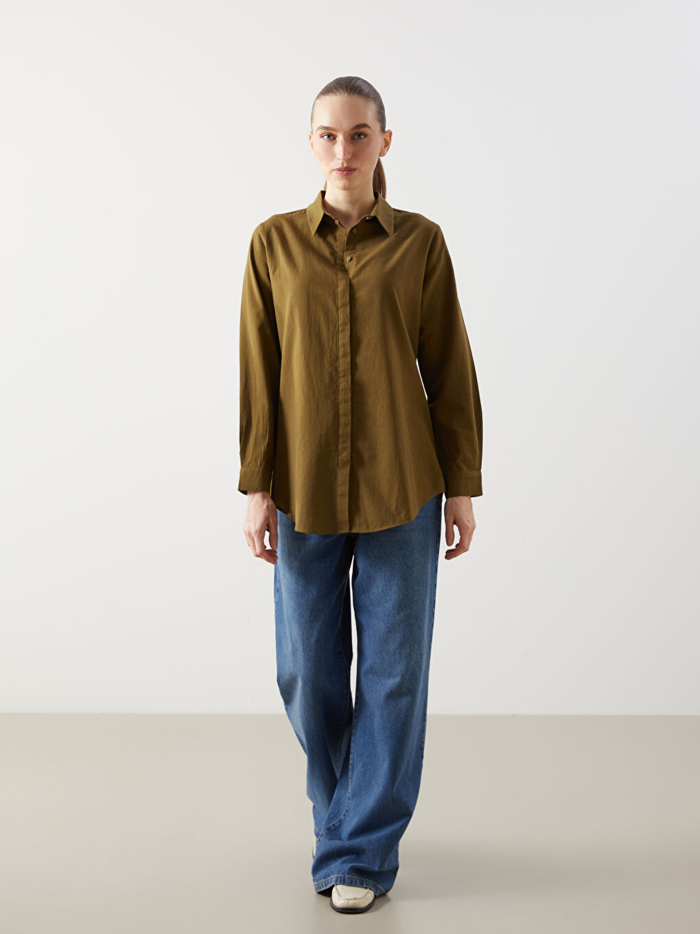 Haki Düz Kadın Gömlek Tunik-1