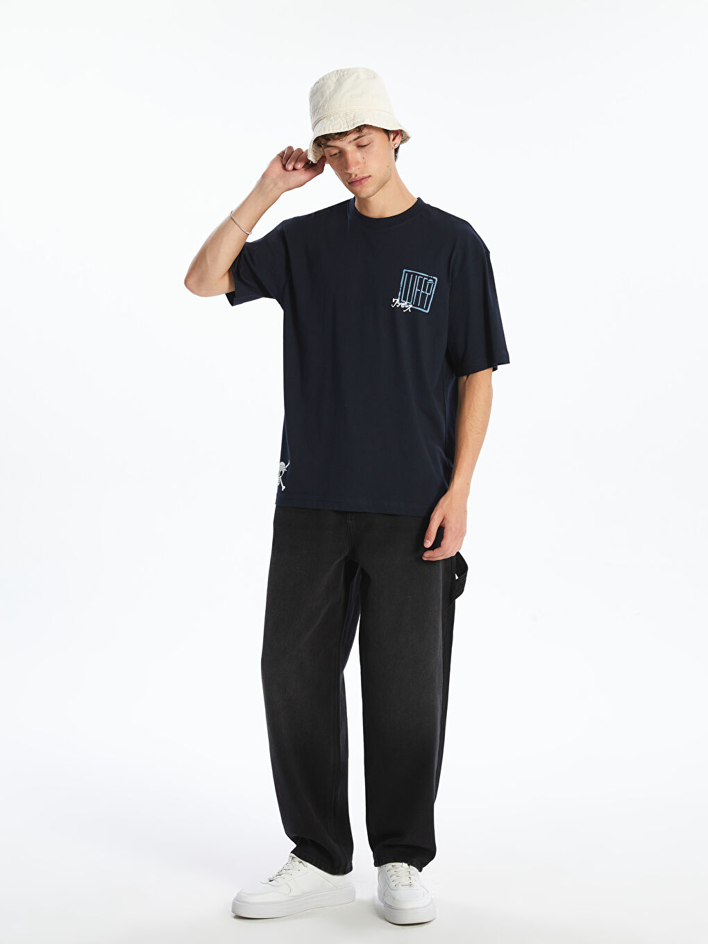 Lacivert Bisiklet Yaka Baskılı Penye Erkek Tişört-1