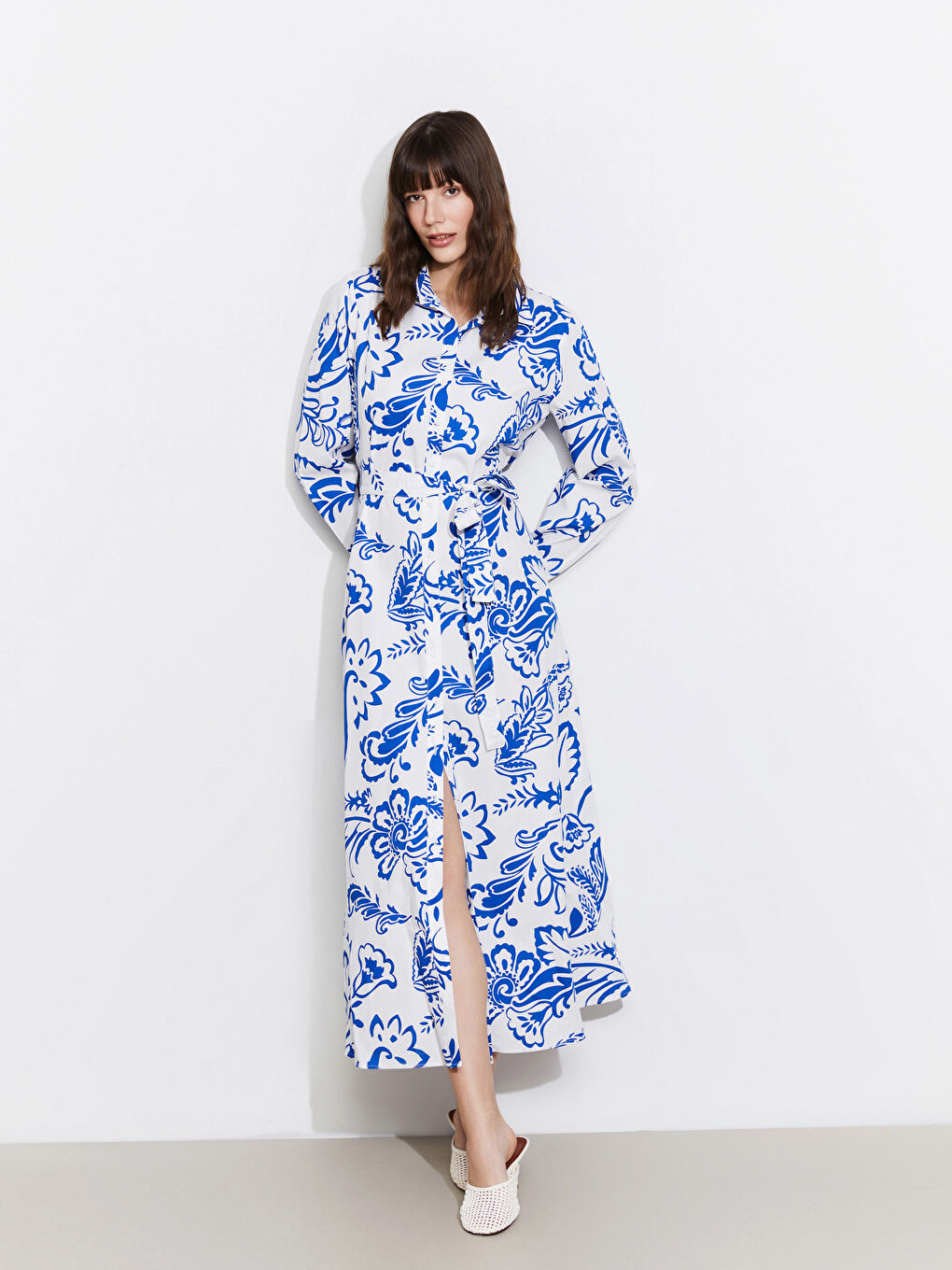 Mavi Çiçekli Kadın Gömlek Elbise-1