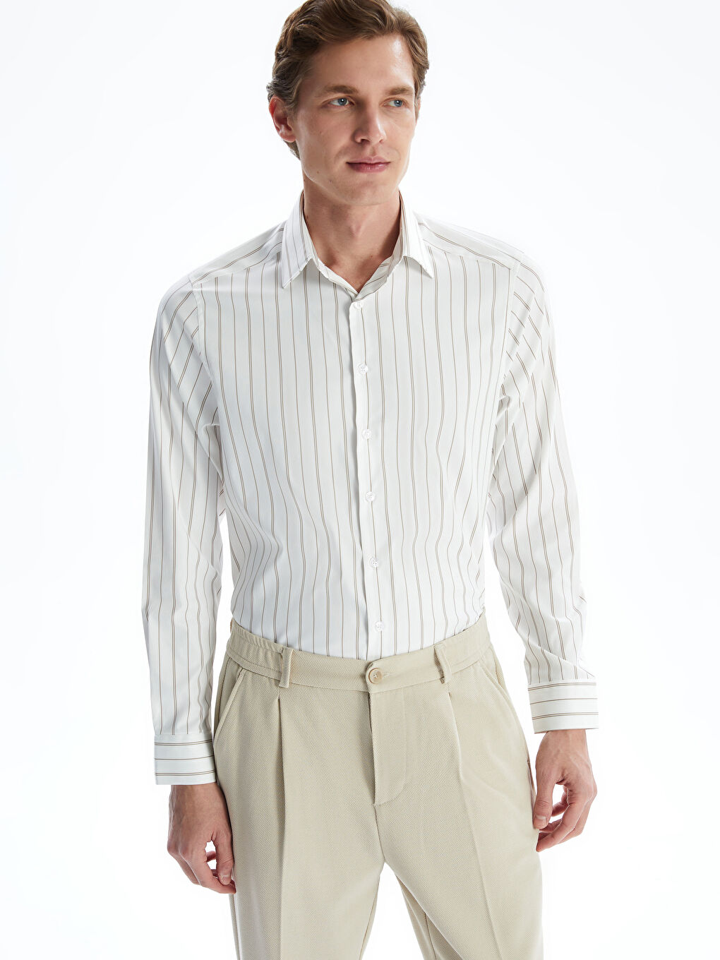 Beyaz Slim Fit Uzun Kollu Çizgili Erkek Gömlek