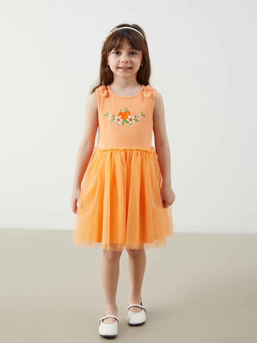 Turuncu Bisiklet Yaka Çiçekli Kız Çocuk Penye Elbise-2