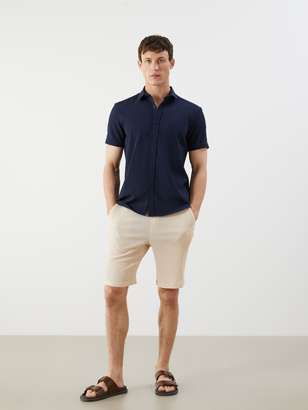 Lacivert Regular Fit Kısa Kollu Armürlü Erkek Gömlek-1