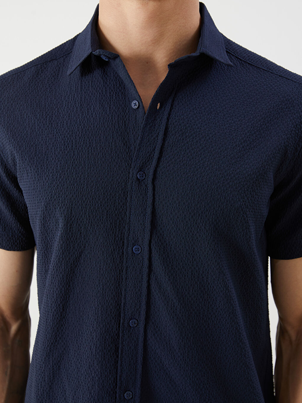 Lacivert Regular Fit Kısa Kollu Armürlü Erkek Gömlek-2