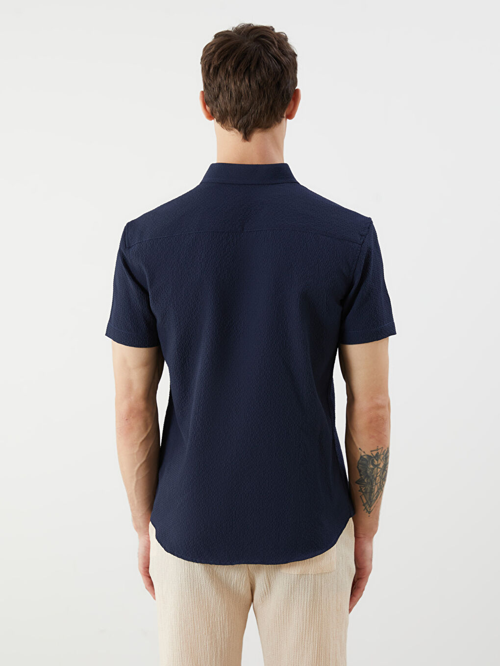 Lacivert Regular Fit Kısa Kollu Armürlü Erkek Gömlek-3