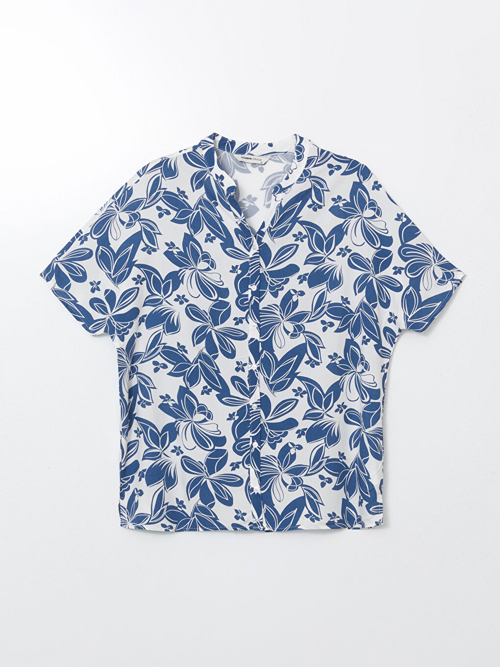 Lacivert Kaçık Yaka Çiçekli Kadın Gömlek-4