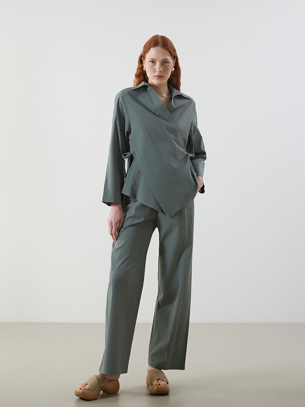 LCW Vision Yeşil Şal Yaka Dokulu Oversize Kadın Kimono - 2