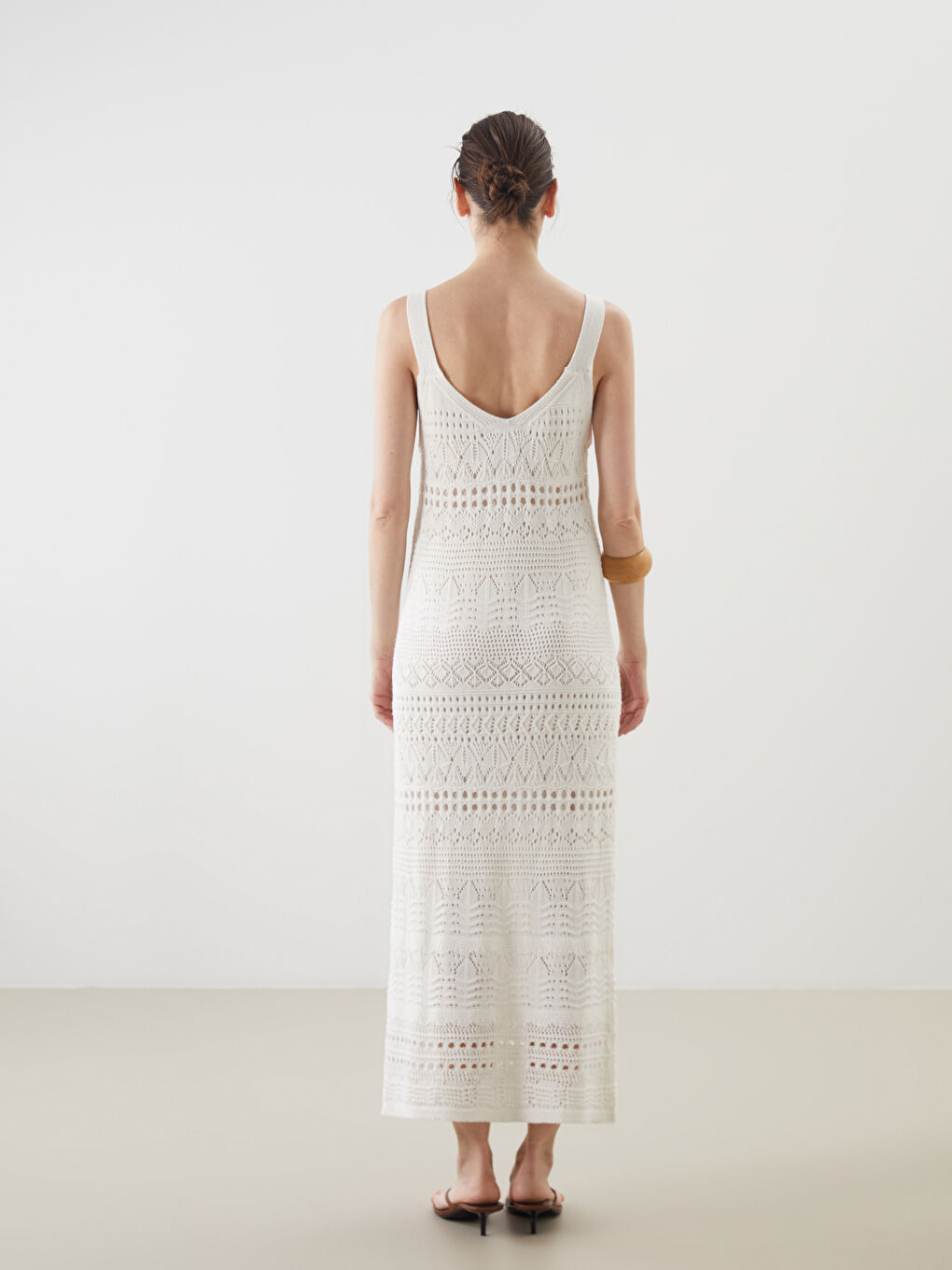 Ekru V Yaka Ajurlu Kadın Triko Elbise-7