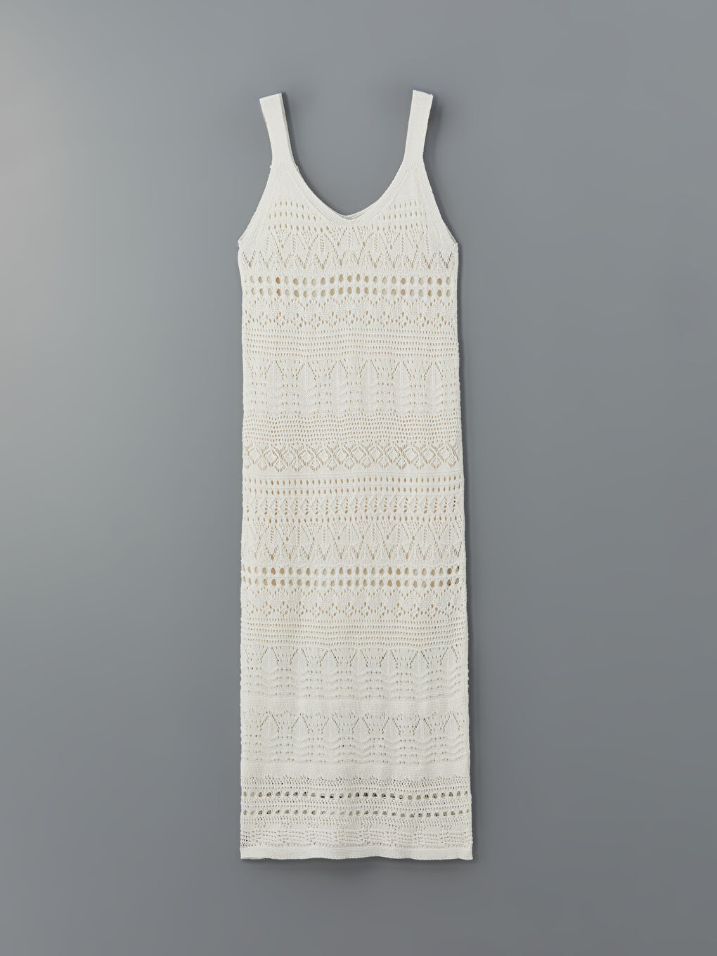 Ekru V Yaka Ajurlu Kadın Triko Elbise-8