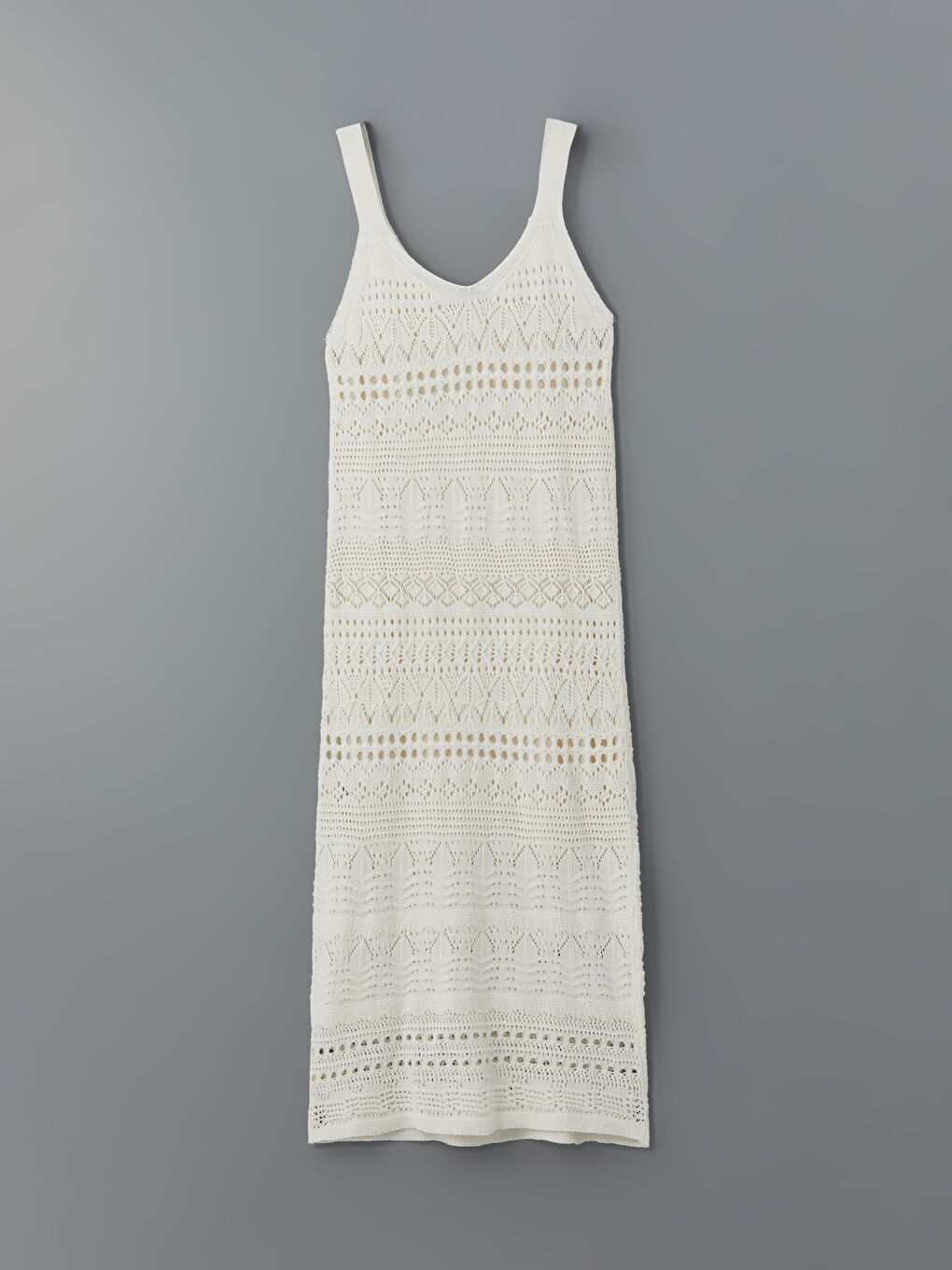 Ekru V Yaka Ajurlu Kadın Triko Elbise-9