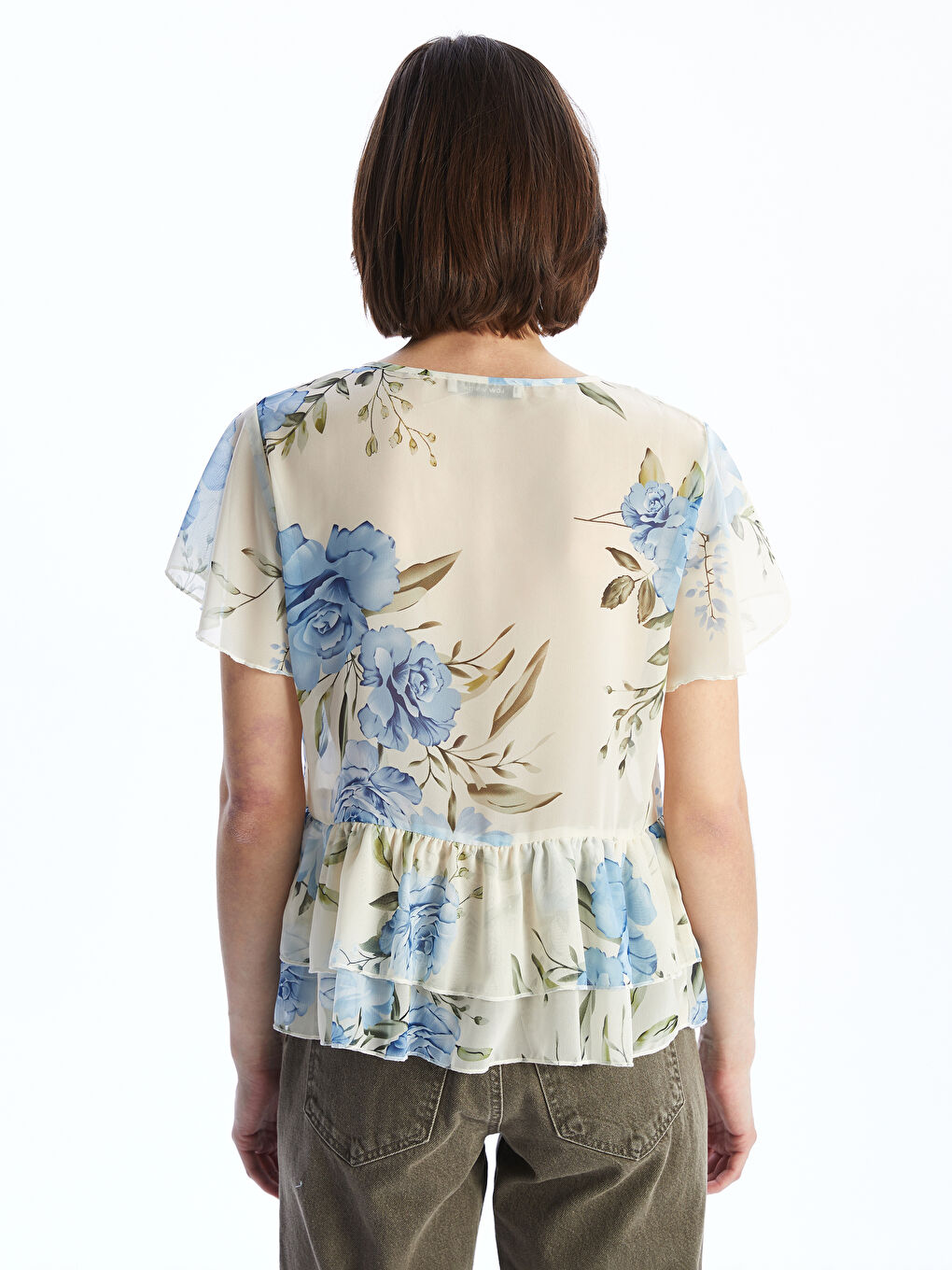 Blouse en Chiffon Florale à Volants et Encolure en V-3