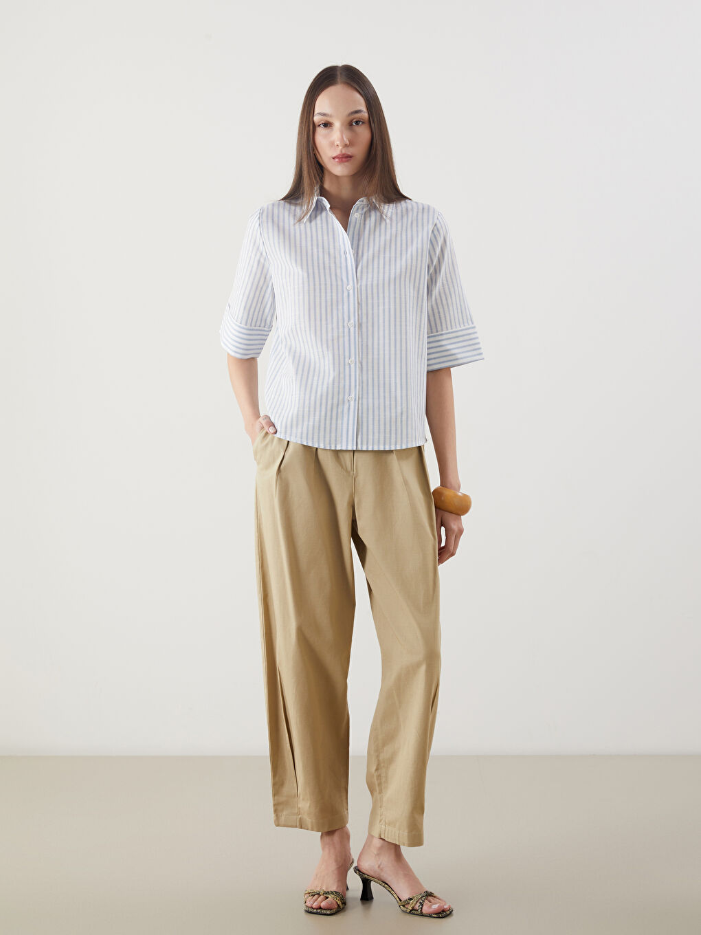LCW Vision Gestreiftes Damenhemd im Leinen-Look -S5L113Z8-LEN