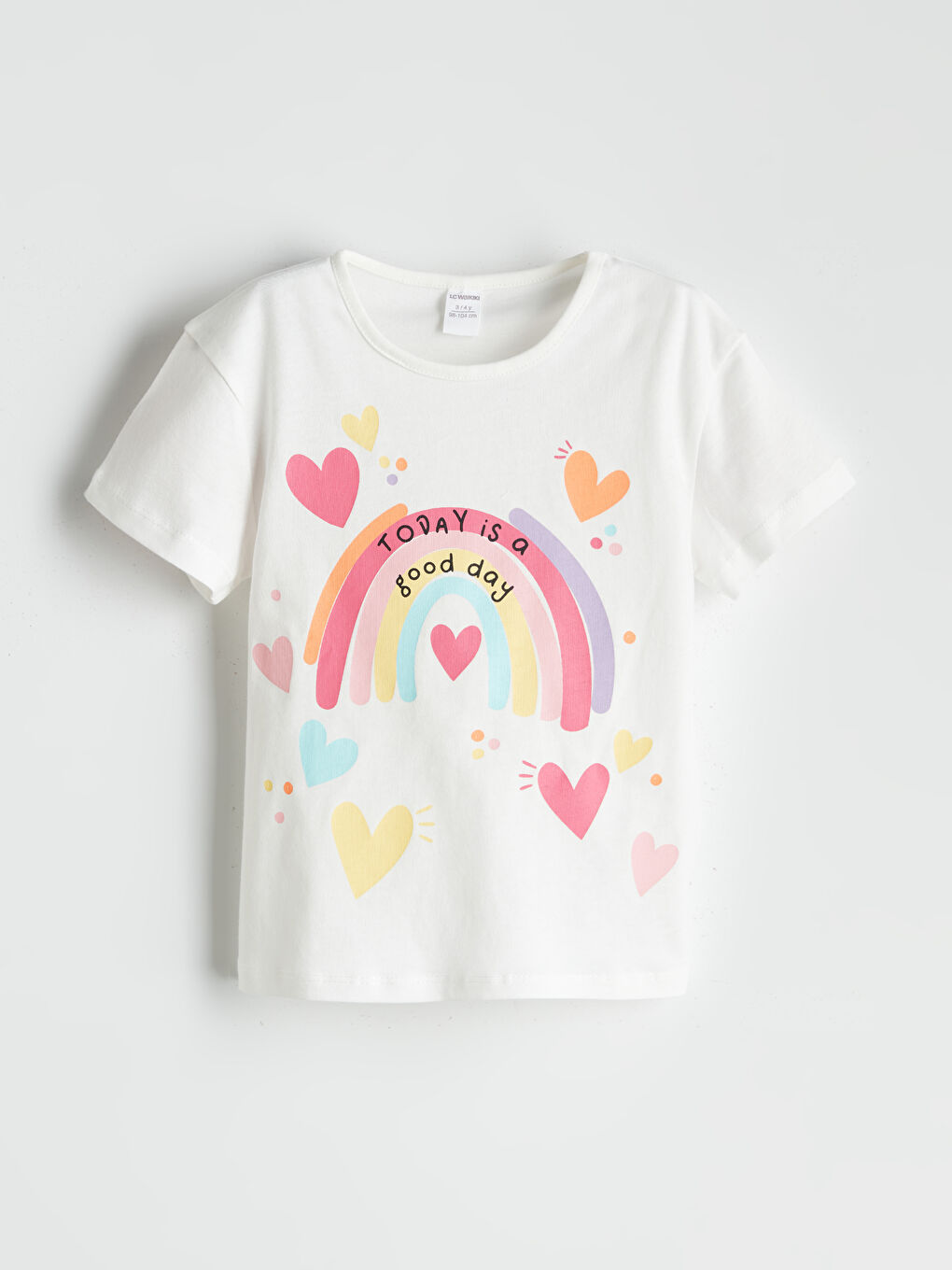 Ekru Bisiklet Yaka Baskılı Kısa Kollu Kız Çocuk Tişört